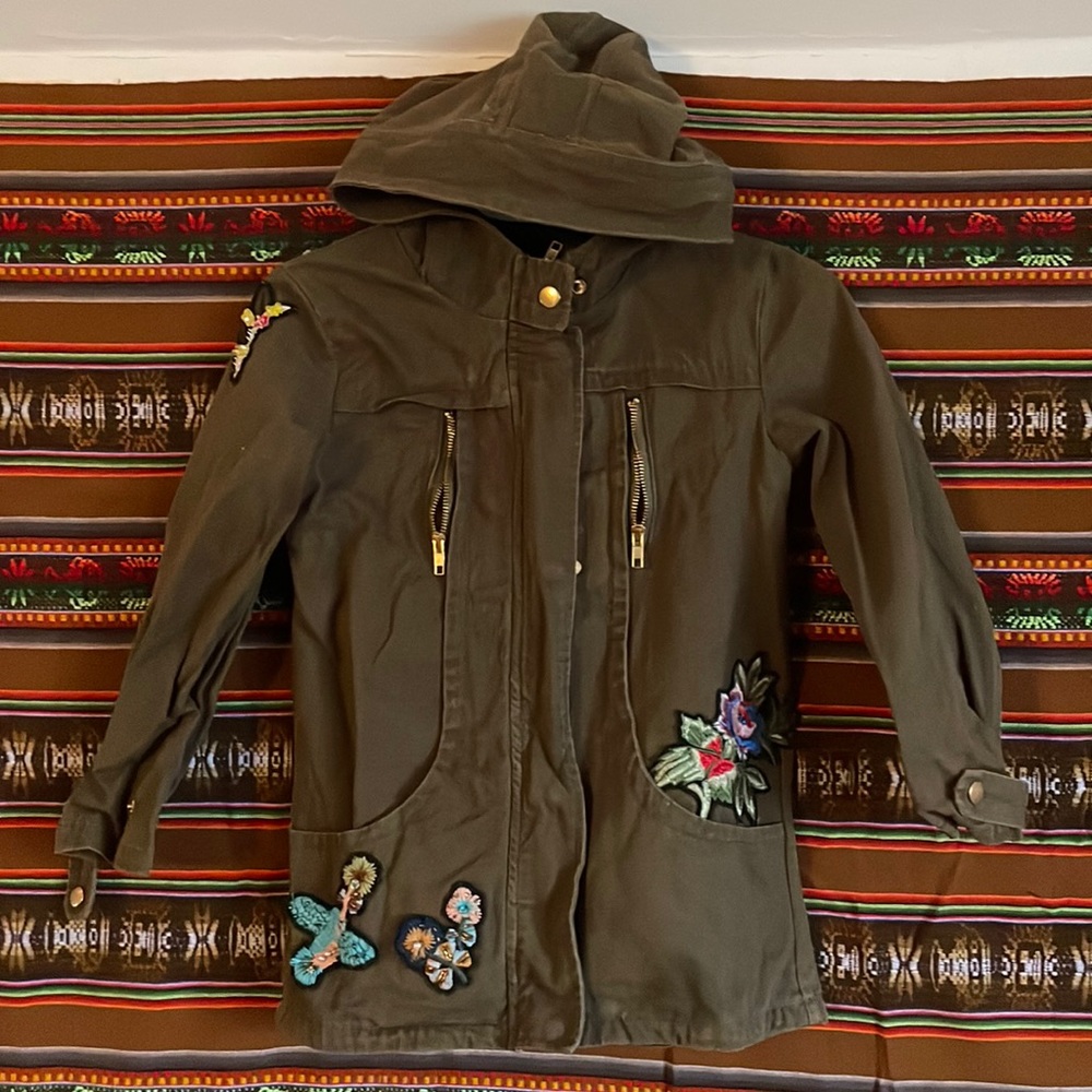 EUC army green coat with beaded flowers